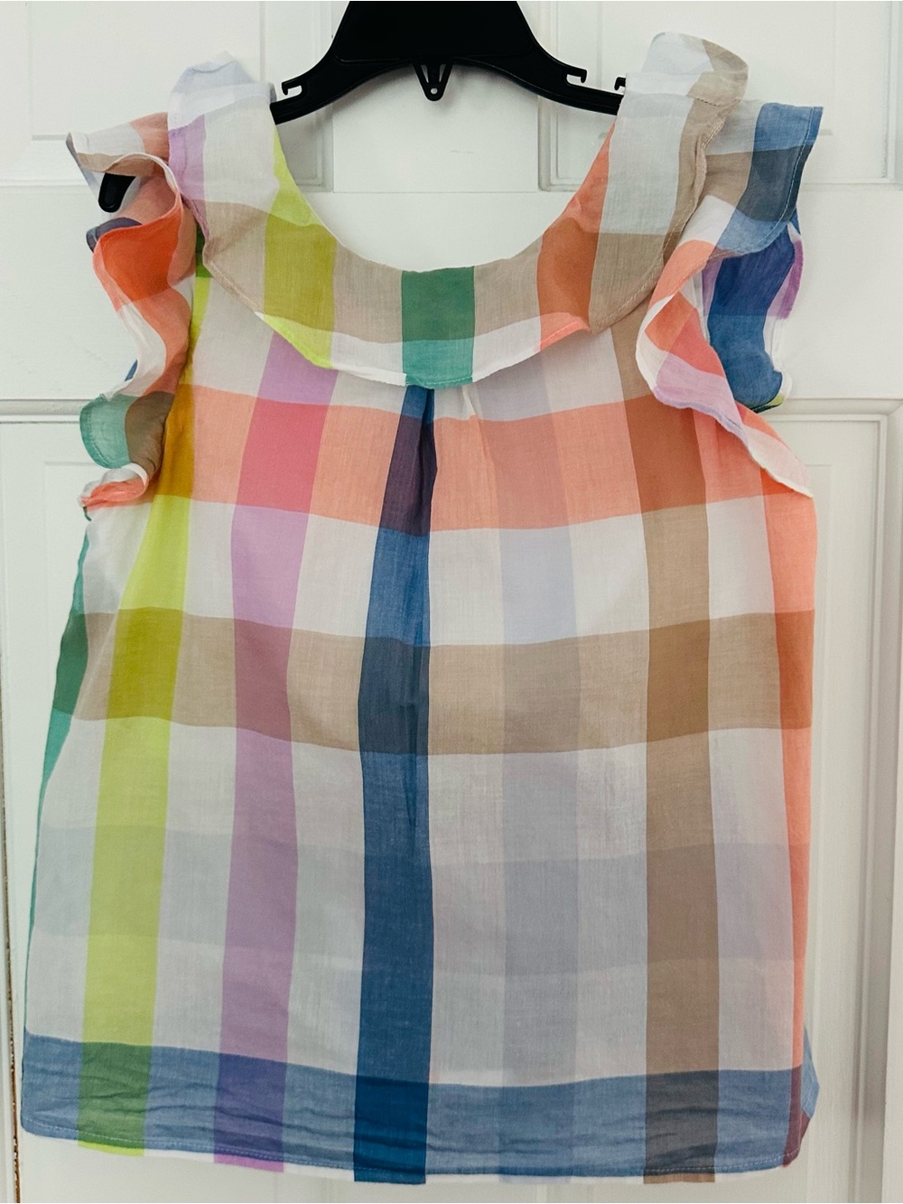 Jcrew Crewcuts Pastel Plaid Sleeveless Ruffle Summer Shirt w Low Back Sz 10